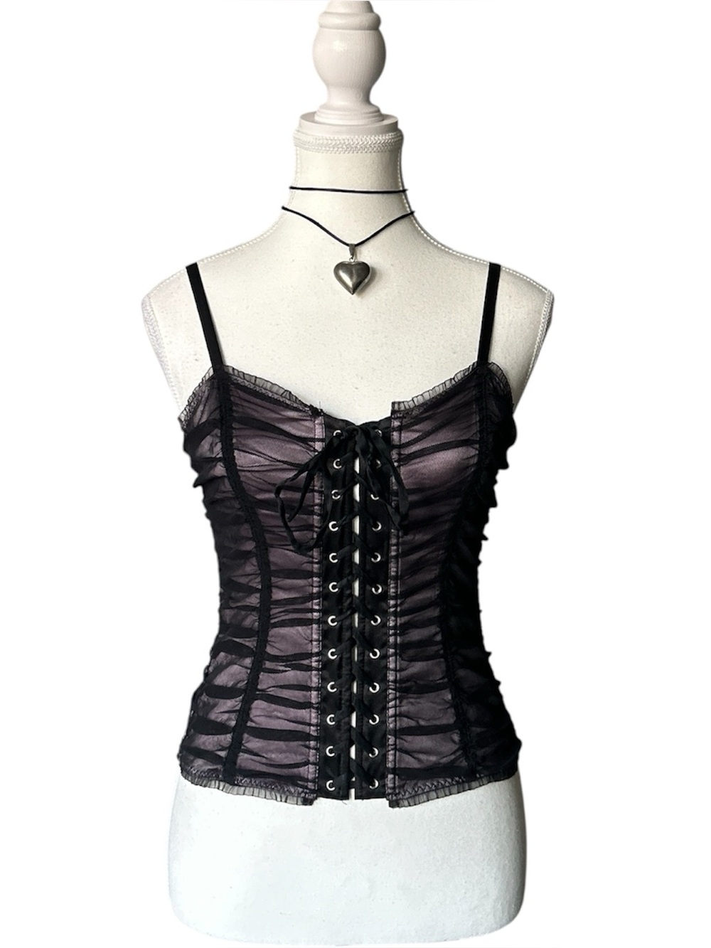 Y2K Grunge “Moda International” Purple and Black Mesh Lace-up Corset Top